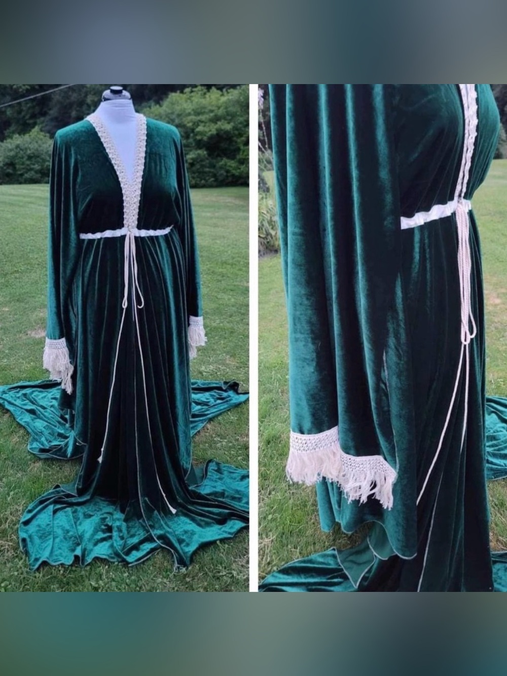 Emerald Green Velvet Robe with Cream Fringe Trim